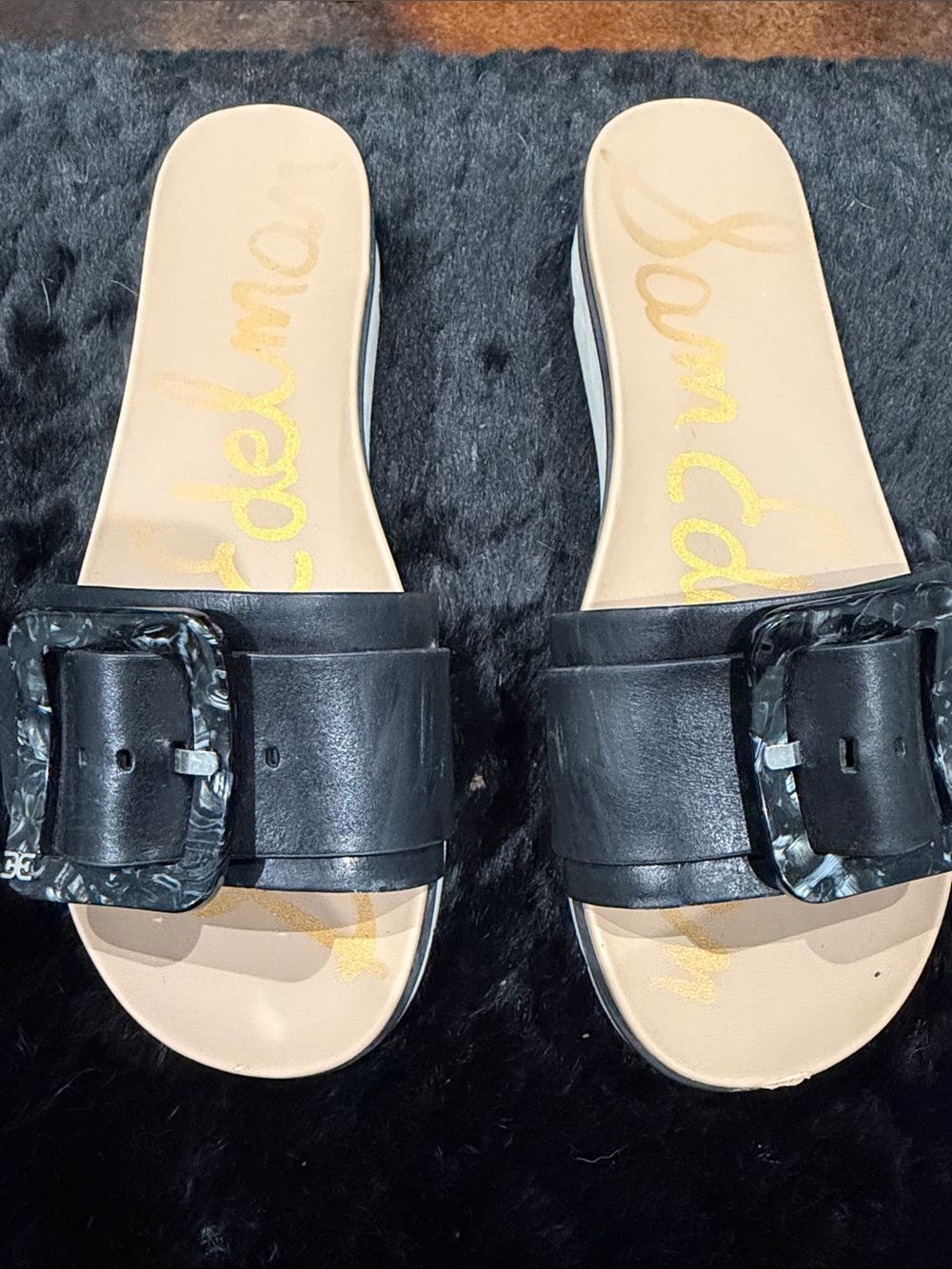 Sam Edelman Black Leather Buckle Slide Mules